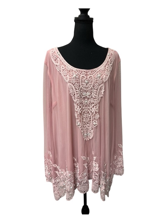 Roaman's Tops - Roamans 26W Dusty Pink Lace Beaded Mesh Tunic Boho Romantic Blouse Top